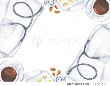 Top view of doctor desk table with stethoscope and coffee cup. Watercolor illustration. Top view of doctor desk table with stethoscope and coffee cup. Watercolor illustration. 64721432