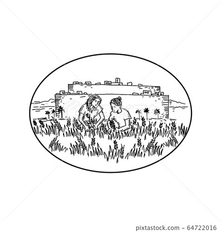 Women Gathering Wheat Outside Walled City Retro 64722016