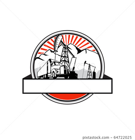Oil Derrick Truck and Mountain Circle Retro Oil Derrick Truck and Mountain Circle Retro 64722025