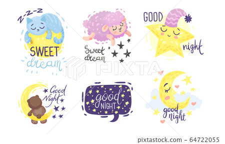 Cute Pictures with Good Night and Sweet Dreams Inscriptions Vector Set Cute Pictures with Good Night and Sweet Dreams Inscriptions Vector Set 64722055