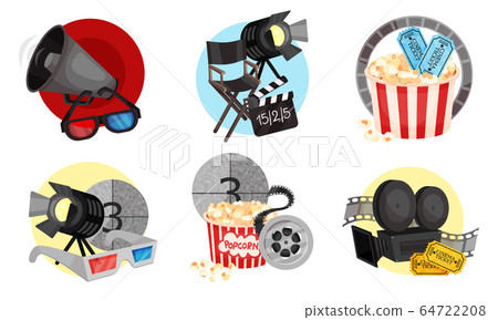 Film and Cinema Industry Attributes and Symbols with Popcorn and 3D Glasses Vector Set Film and Cinema Industry Attributes and Symbols with Popcorn and 3D Glasses Vector Set 64722208