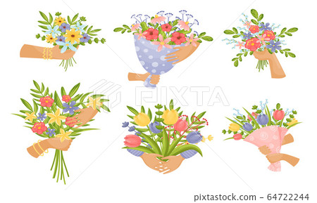 Hands Holding Bunches of Showy Flowers Vector Set Hands Holding Bunches of Showy Flowers Vector Set 64722244