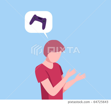 Young Man Thinking about Computer Games, Person Communicating with Speech Bubble, Gambling Addiction Flat Vector Illustration 64725643