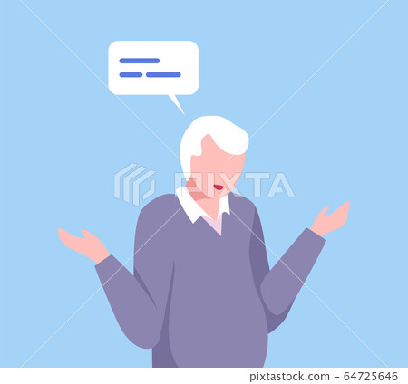 Puzzled Senior Man Shrugging his Shoulders, Man Communicating with Speech Bubble, Social Networking, Virtual Relationships Flat Vector Illustration 64725646
