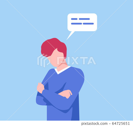Young Man Communicating with Speech Bubble, Man Standing with Folded Hands, Social Networking, Virtual Relationships Flat Vector Illustration 64725651