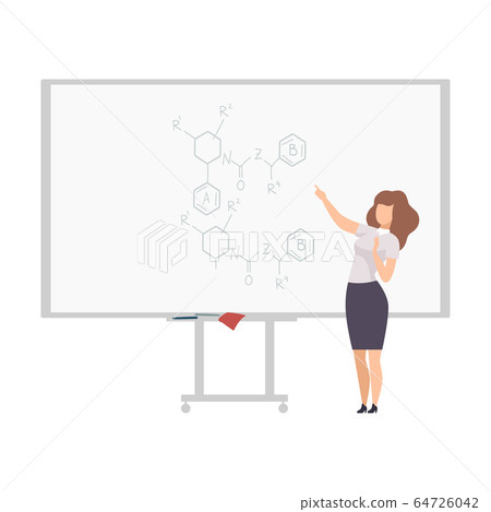 Female Physics Teacher Professor Giving Task, Explaining Seminar, Lecture while Standing in Front of Whiteboard Flat Vector Illustration 64726042