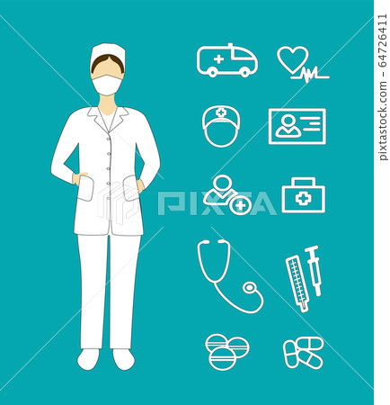 Woman doctor with medical and health icons for design. Collection of clean aid symbols for mobile, web and applications Woman doctor with medical and health icons for design. Collection of clean aid symbols for mobile, web and applications 64726411