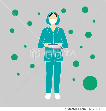 Woman doctor. Jpeg illustration of a doctor with virus icons background. Illustrations concept coronavirus COVID-19. 64726415