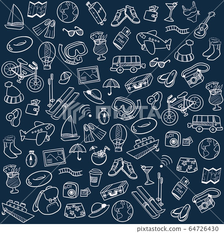 Hand draw travel icon object set background in white color on blue background Hand draw travel icon object set background in white color on blue background 64726430