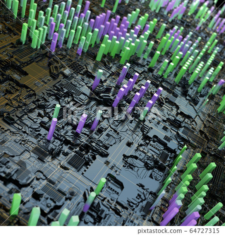 Circuit board futuristic server code processing. Multicolor technology background. 3d rendering Circuit board futuristic server code processing. Multicolor technology background. 3d rendering 64727315