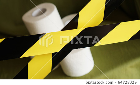 Stop panic - coronavirus. Toilet paper behind the tape Stop panic - coronavirus. Toilet paper behind the tape 64728329