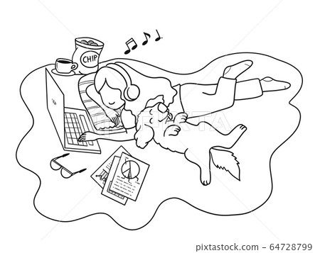 Hand draw outline woman lay down with her dog, using the computer for work at home, listening to music from her headphone and have coffee and chip for her snack. 64728799