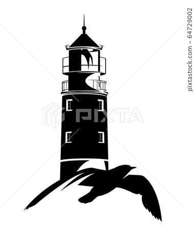 sea gull bird and lighthouse tower black and white vector outline 64729002