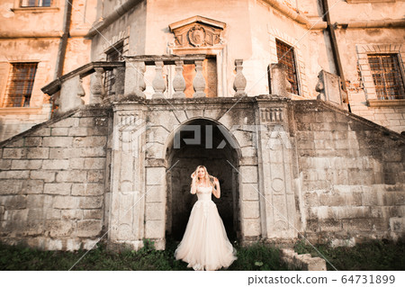 Beautiful luxury young bride in wedding dress posing near castle Beautiful luxury young bride in wedding dress posing near castle 64731899