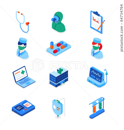 Healthcare and medicine - set of modern isometric icons Healthcare and medicine - set of modern isometric icons 64734764