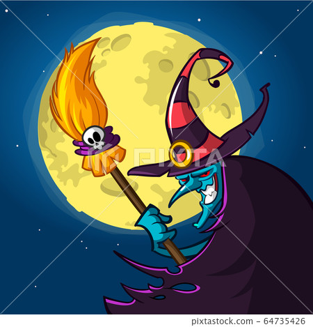 Halloween blue witch in hat with a broom isolated 64735426