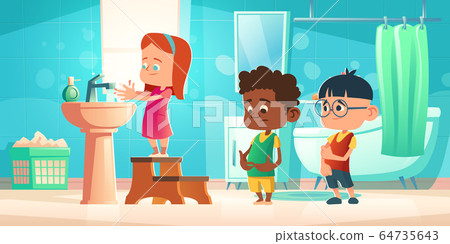 Kids wash hands in bathroom, children hygiene 64735643