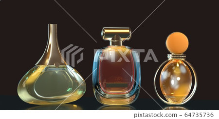 3d illustration perfume bottle stays on glass table with copy space on black background 64735736