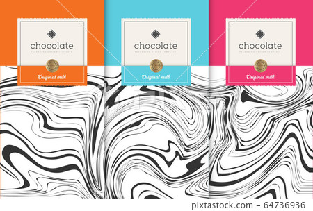 Chocolate bar packaging set. Trendy luxury product branding template with label pattern for packaging. Vector design. 64736936