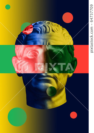 Statue of Guy Julius Caesar Octavian Augustus. Creative concept colorful neon image with ancient roman sculpture Guy Julius Caesar Octavian Augustus head. Cyberpunk, vaporwave and surreal art style. Statue of Guy Julius Caesar Octavian Augustus. Creative concept colorful neon image with ancient roman sculpture Guy Julius Caesar Octavian Augustus head. Cyberpunk, vaporwave and surreal art style. 64737709