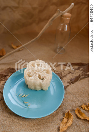 Luffa sponge on a ceramic blue trowel. Background sand and craft paper. Luffa sponge on a ceramic blue trowel. Background sand and craft paper. 64738499