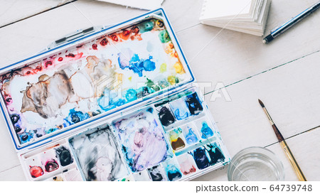 artist workplace watercolor palette paintbrush artist workplace watercolor palette paintbrush 64739748