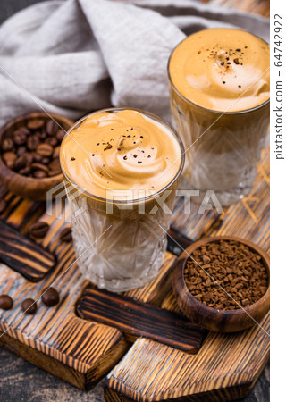 Dalgona whipped coffee with milk 64742922