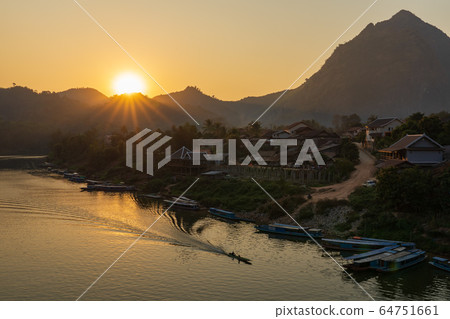 Aerial view of Nong Khiaw village at sunset, Aerial view of Nong Khiaw village at sunset, 64751661