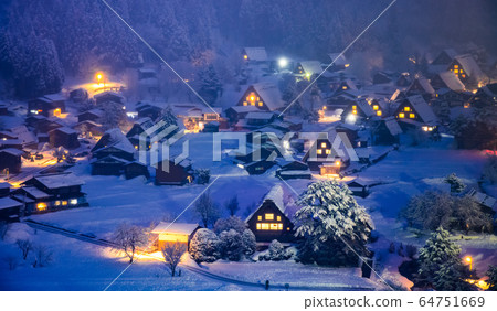 Shirakawago village light up festival in winter, 64751669
