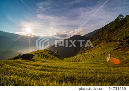 Sunset over Terraced rice field with lens flares, 64751689