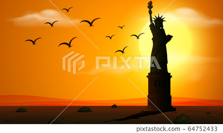 Silhouette scene with statue of liberty at sunset 64752433