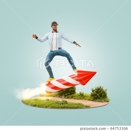 Young man riding on a firework rocket Young man riding on a firework rocket 64753306