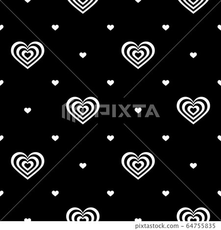 Seamless pattern. Striped black-white and white hearts on black background. Vector illustration. Ideas for holiday designs, backgrounds, greeting cards, holiday prints, designer packaging, textile. Seamless pattern. Striped black-white and white hearts on black background. Vector illustration. Ideas for holiday designs, backgrounds, greeting cards, holiday prints, designer packaging, textile. 64755835