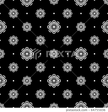 Seamless pattern. Abstract minimal flower design. White elements on a black background. Modern simple illustration perfect for backdrop graphic design, greeting cards, textiles, print, packing, etc. Seamless pattern. Abstract minimal flower design. White elements on a black background. Modern simple illustration perfect for backdrop graphic design, greeting cards, textiles, print, packing, etc. 64755836