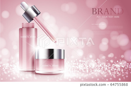 cosmetic product poster, bottle package design with moisturizer cream or liquid, sparkling background with glitter polka, vector design. cosmetic product poster, bottle package design with moisturizer cream or liquid, sparkling background with glitter polka, vector design. 64755868