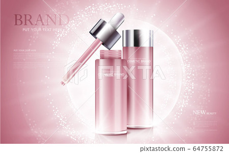 cosmetic product poster, bottle package design with moisturizer cream or liquid, sparkling background with glitter polka, vector design. cosmetic product poster, bottle package design with moisturizer cream or liquid, sparkling background with glitter polka, vector design. 64755872