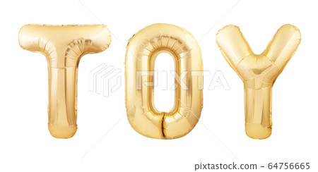 Toy word made of golden inflatable balloons isolated on white 64756665