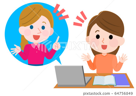 Illustration of a female teacher learning online English conversation 64756849