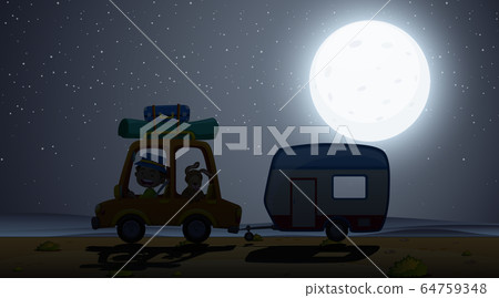 Scene with man driving with pet dog at night 64759348
