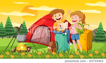 Scene with happy tourist camping out in the park - Stock Illustration ...