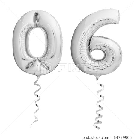 Silver number 06 made of inflatable party balloons with silver ribbons isolated on white background 64759906