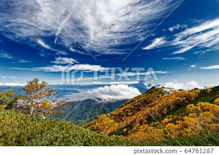 從菲尼克斯山和坎農達克的山脊線看地佐達克和樺樺的黃葉 64761287