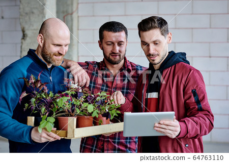 Young engineers looking through online ideas of decorating interior of new house 64763110