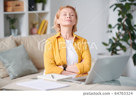 Serene mature blond woman in casualwear relaxing on couch in front of laptop Serene mature blond woman in casualwear relaxing on couch in front of laptop 64763324