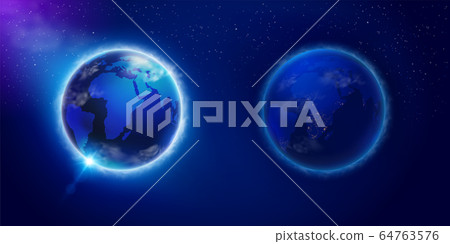 Day and night on planet Earth viewed from space. Used in science, advertising, teaching media. Realistic file. Day and night on planet Earth viewed from space. Used in science, advertising, teaching media. Realistic file. 64763576
