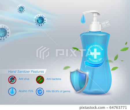 Hand sanitizer gel 75% alcohol component, kills up to 99.99% of viruses covid-19, bacteria and germs, packed in a clear plastic top-press bottle. Realistic file. 64763771