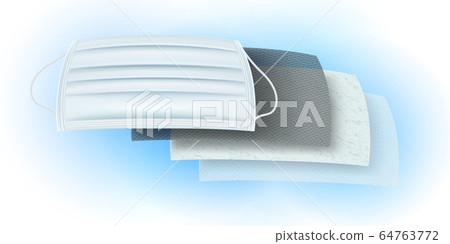 Details of filter materials for anti-virus and dust proof masks. Carbon layer coated with antiseptic, anti-bacteria and odor. Fine fiber layer, dust, ozone layer to create fresh air. 64763772