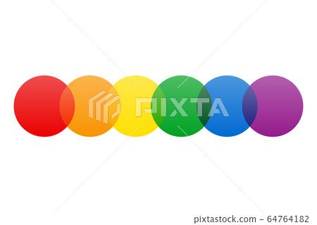 Rainbow LGBT flag symbol made of overlapping translucent circles. Gay pride flag sign consisting of six vibrant colors. Isolated illustration on white background. Vector. 64764182
