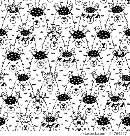 Funny doodle llamas black and white seamless pattern Funny doodle llamas black and white seamless pattern 64764227