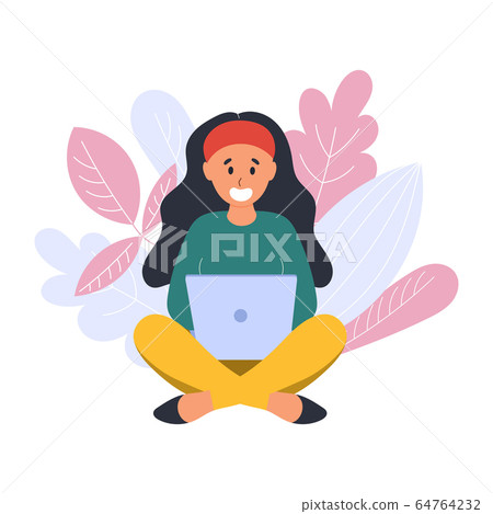 Happy girl sitting and using a laptop trendy concept Happy girl sitting and using a laptop trendy concept 64764232